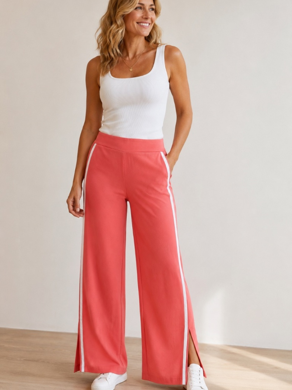 ILTM wide leg peach/white stripe pants S stretch slit athletics athleisure